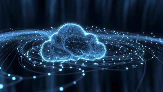 Blue luminous cloud shape formed by light trails on dark background, concept of data flow and digital connectivity