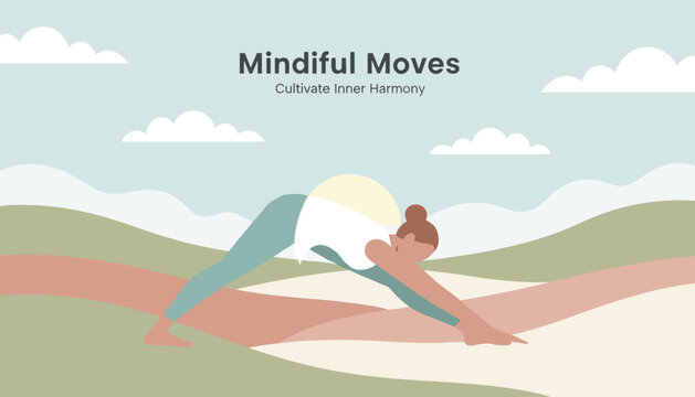 Active young athletic woman practicing yoga splits and deep stretching on green rolling hills under a soft sky.