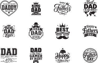 Black Father’s Day Typography Set With Dad Quotes Crowns Mustaches Gamer Icons Badges And Decorative Lettering © PNG