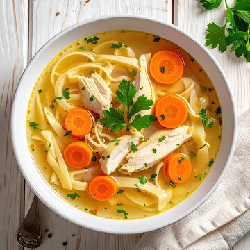 Chicken noodle soup with carrots and herbs in a white bowl