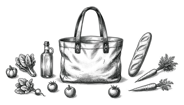 Reusable fabric shopping bag with fresh organic vegetables and baguette bread vector illustration.