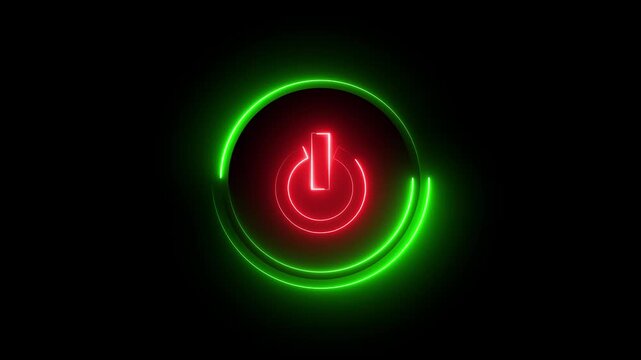 Glowing neon red and green color power button icon animation technology shutdown screen turn on off button stop startup computer and mobile phone electric futuristic on black background