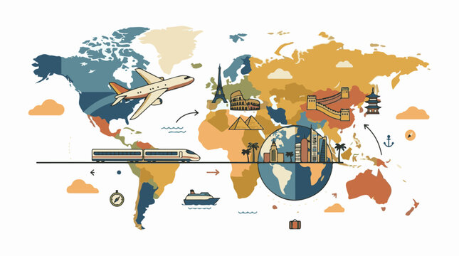 A stylized world map with travel-related icons and landmarks