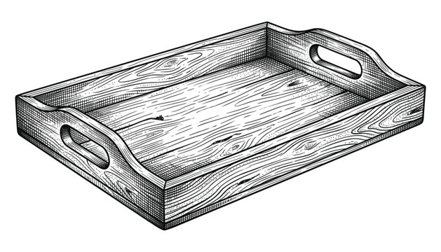 Wooden serving tray for food and drinks in detailed sketch drawing style isolated vector graphic.