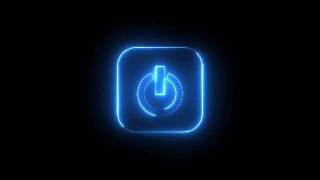 Glowing neon blue color power button icon animation technology shutdown screen turn on off button stop startup computer and mobile phone electric futuristic on black background