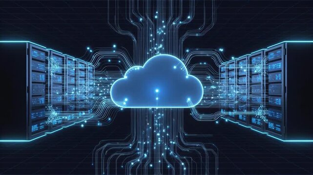 Cloud icon with glowing data lines between server rows shown in neon tech style on dark background, concept of cloud computing