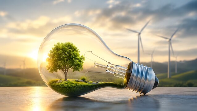 Environmental sustainability concept displaying green tree inside lightbulb with wind turbines for renewable energy and esg reporting.
