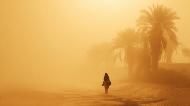 Woman walks through a sandstorm in the desert with palm trees. A solitary figure navigates a harsh desert environment during a sandstorm, with palm trees barely visible through the haze