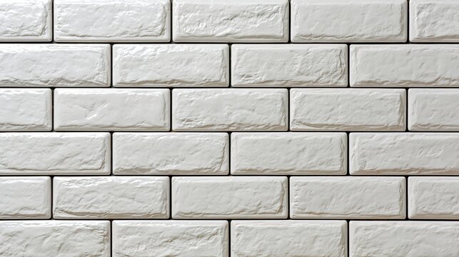 Detailed close up photograph of white glossy ceramic tiles arranged in a classic brick pattern for modern interior wall decor