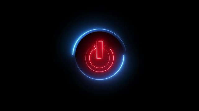 Glowing neon red and blue color power button icon animation technology shutdown screen turn on off button stop startup computer and mobile phone electric futuristic on black background