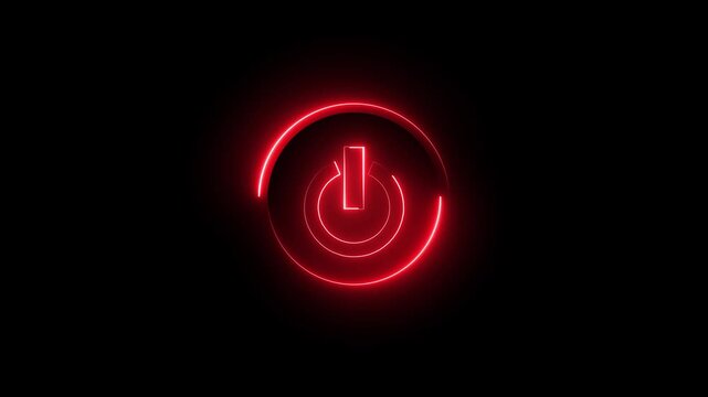 Glowing neon red color power button icon animation technology shutdown screen turn on off button stop startup computer and mobile phone electric futuristic on black background