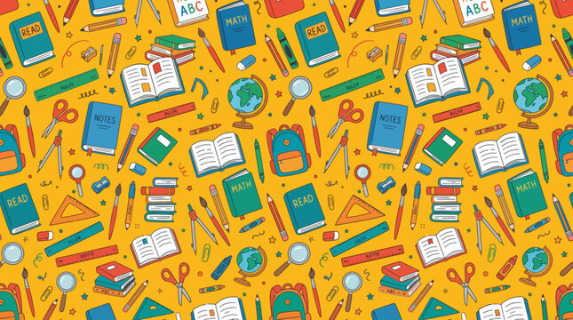 Vibrant seamless pattern featuring an array of colorful school supplies and learning essentials scattered on a bright yellow background, ideal for educational themes and back-to-school projects