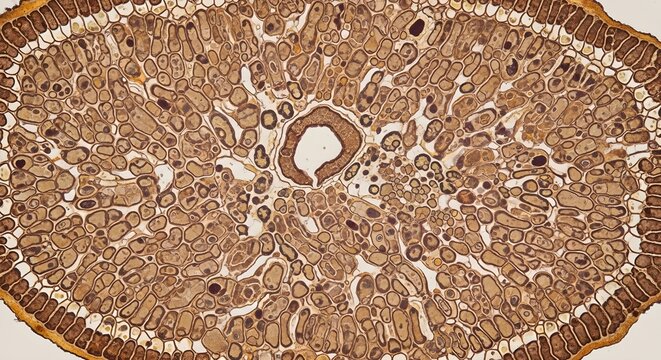 A magnified plant cross section reveals complex cellular structures and patterns. This microscopic view offers insight into botanical biology.