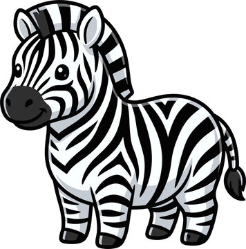 A charming cartoon zebra with distinct black and white stripes, depicted in a friendly standing pose with a smile. The illustration is clean and simple, suitable for various design applications.