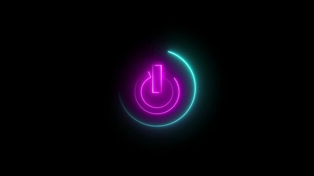 Glowing neon pink and cyan color power button icon animation technology shutdown screen turn on off button stop startup computer and mobile phone electric futuristic on black background