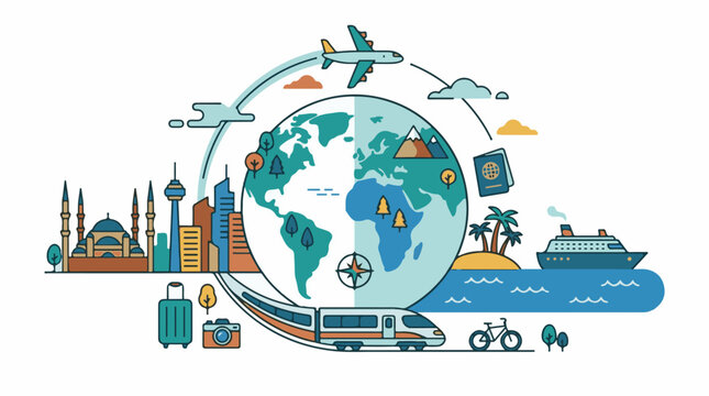 A vibrant illustration of a globe surrounded by various travel-related icons