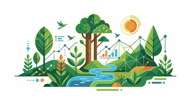 A vibrant illustration of a lush forest ecosystem with a tree, stream, plants, and birds, surrounded by various graphs and charts