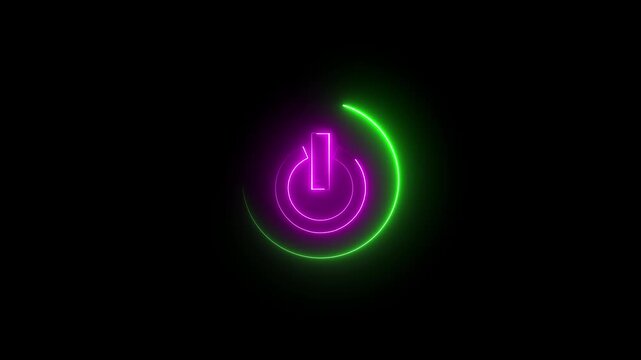 Glowing neon pink and green color power button icon animation technology shutdown screen turn on off button stop startup computer and mobile phone electric futuristic on black background