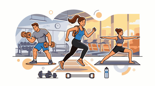 A vibrant illustration depicts people exercising with dumbbells and yoga mat