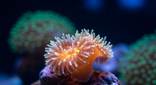 An orange sea anemone displays vibrant tentacles. This coral polyp thrives in its dark aquatic environment.