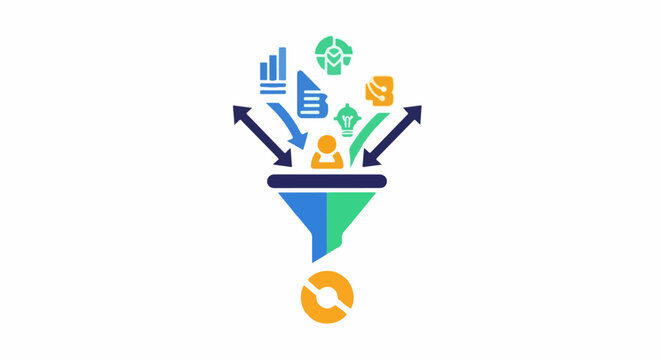 Colorful graphic illustrating a process flow with inputs, a person, and outputs at the bottom