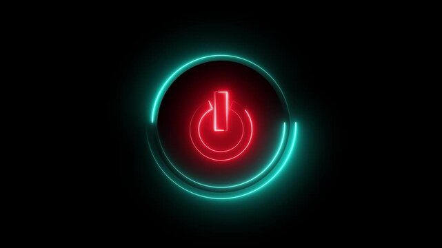 Glowing neon red and cyan color power button icon animation technology shutdown screen turn on off button stop startup computer and mobile phone electric futuristic on black background