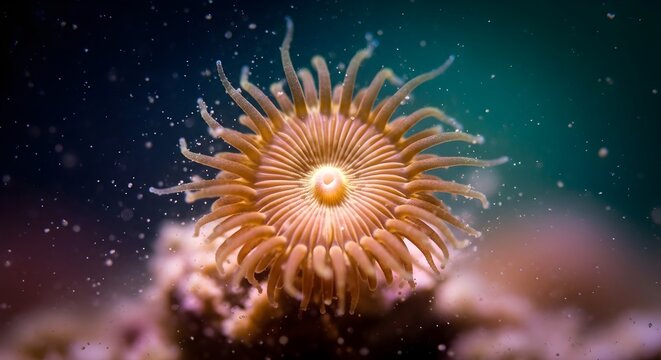 A vibrant coral polyp displays its intricate tentacles in macro detail. Tiny particles float around this beautiful marine organism.