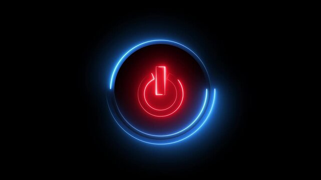 Glowing neon red and blue color power button icon animation technology shutdown screen turn on off button stop startup computer and mobile phone electric futuristic on black background