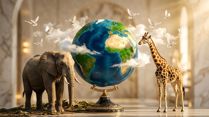 Elephant and giraffe with a globe on a table in a luxurious setting, earth day © Hass Hasib