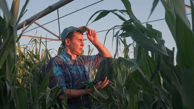 Farmer thinks with laptop in corn field under irrigation pivot at sunset. Man contemplates agriculture data with computer. Worker analyzes corn crop. Farmer thinking in field with technology.
