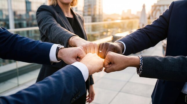 Diverse business professionals joining fists together for a teamwork success concept