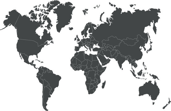 Charcoal World Map with Country Borders Dark Flat Design