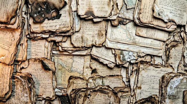 Stacked Antique Documents With Maps and Handwritten Notes