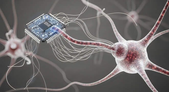 3d render of neural network with embedded microchip, futuristic brain computer interface, digital synapse connection