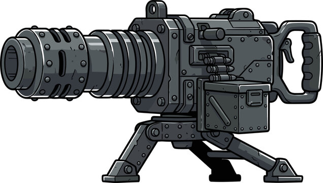A pixel art illustration of a minigun mounted on a tripod. This heavy weapon features intricate details typical of retro gaming sprites, representing firepower and military might.