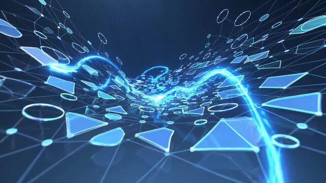 Abstract geometric shapes forming connected network in glossy style on dark background, concept of digital communication