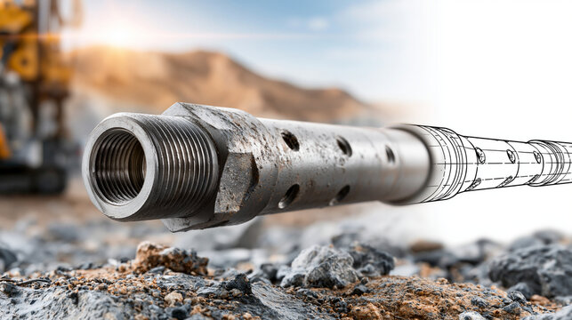 A high-end commercial graphic of a heavy-duty top hammer rock drill extension rod. The left half displays a realistic photo shot with a standard 35mm lens, showing the massive thre