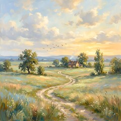 Fototapeta premium Serene Countryside Landscape Painting with Farmhouse and Winding Path