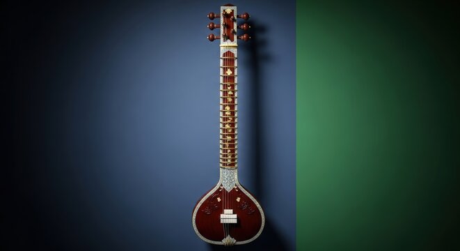 Traditional Indian stringed musical instrument closeup.