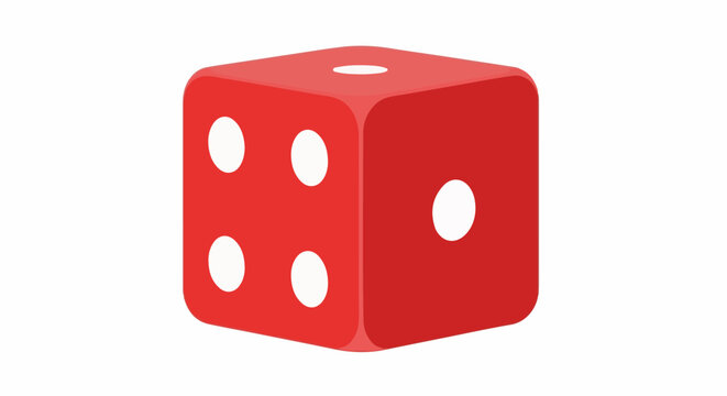 A 3D isometric view of a bright red die displaying faces with one, four, and five dots