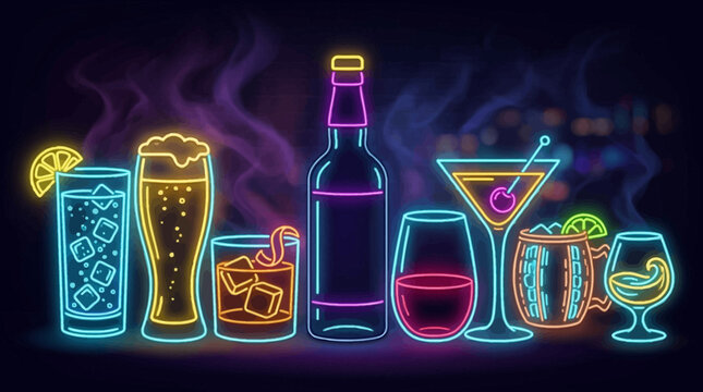 neon bar drinks illustration with bottle and glasses