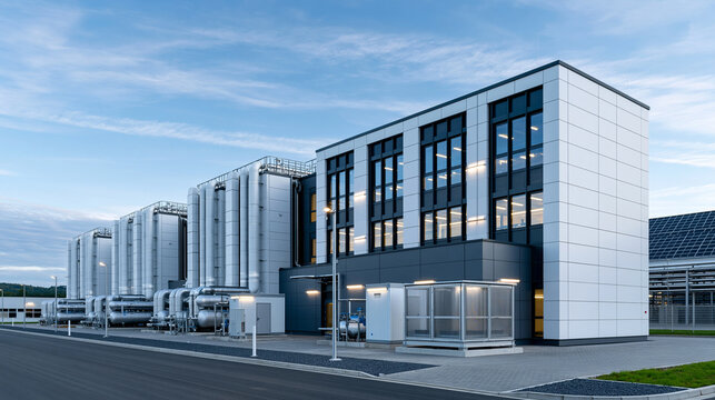 A massive modernized green hydrogen production facility with rows of sleek white electrolyser units, compact hydrogen compression and storage vessels, and enclosed utility building