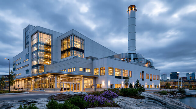 A massive modernized waste-to-energy incineration facility with a single tall sleek clean chimney stack, angular contemporary building architecture, and enclosed waste delivery hal