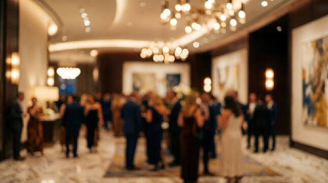 Blurred luxury gala event people gathering elegant ballroom lobby social party bokeh background formal attire celebration night life hospitality