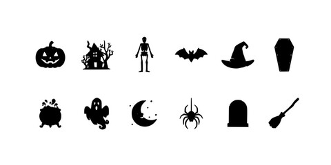Obraz premium Halloween Icons Set with Black and White Flat Design Including Pumpkins, Bats, Ghosts, Witch, and Cauldron Symbols on White