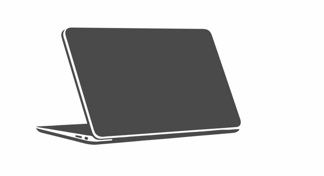 A minimalist gray laptop is shown open, viewed from the side, on a white background
