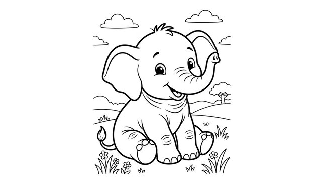 Cute baby elephant sitting in a nature landscape with clouds and flowers, black and white line art coloring page for kids.