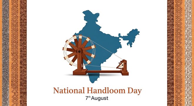 National handloom day celebration with spinning wheel and map of india isolated on white background