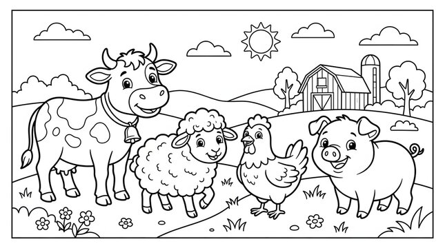 Cute cartoon farm animals coloring page for kids featuring cow, pig, sheep, and hen in a rural countryside landscape with a barn.