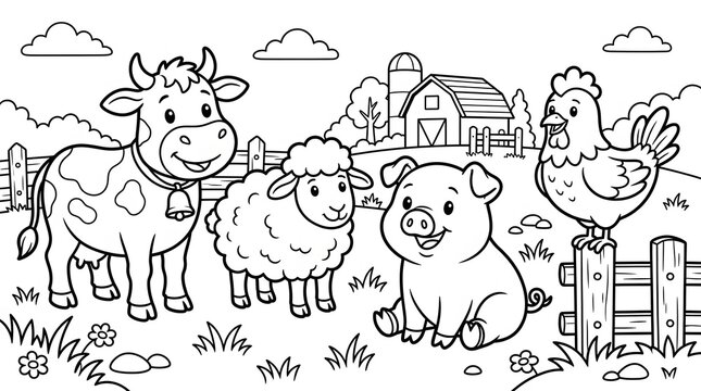 Cute cartoon farm animals coloring page for kids featuring cow, pig, sheep, and hen in a rural countryside landscape with a barn.